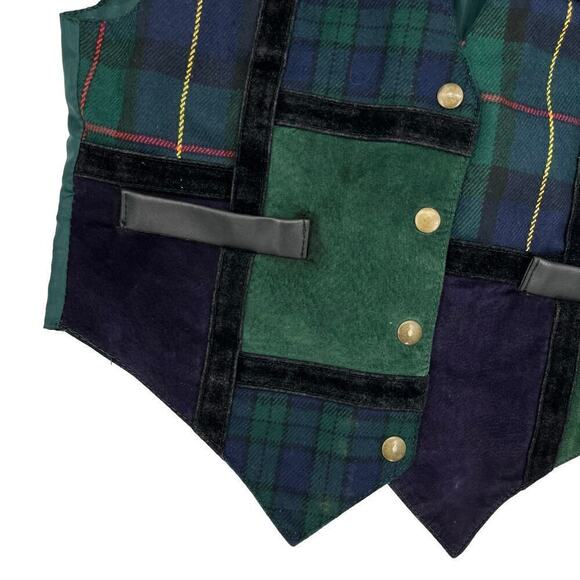 Vintage 90’s Learsi Vest Suede Leather Plaid Patchwork Green Small - Picture 4 of 9